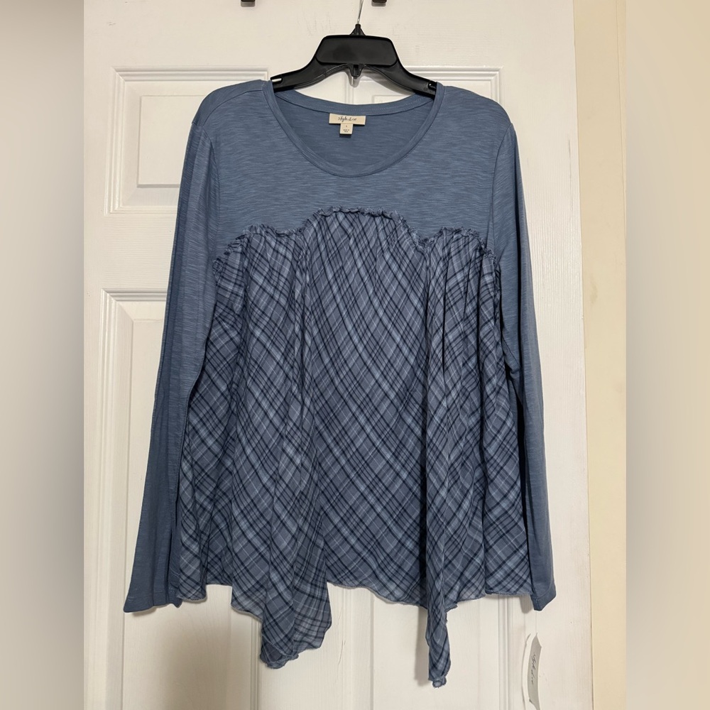 NEW Style & Co Blue Long Sleeve Scoop Neck Plaid Blouse L